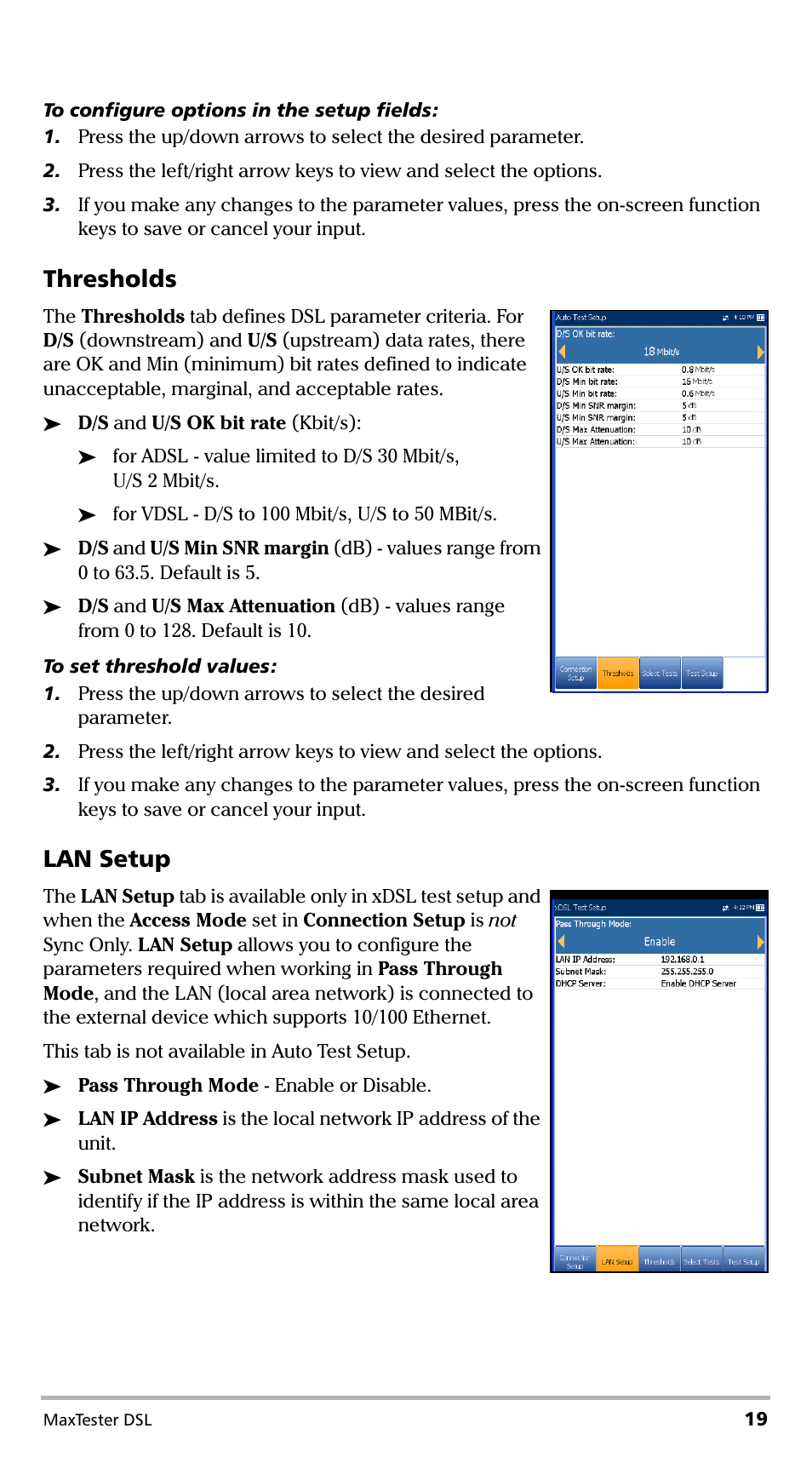 Thresholds, Lan setup | EXFO MaxTester DSL User Manual | Page 25 / 58