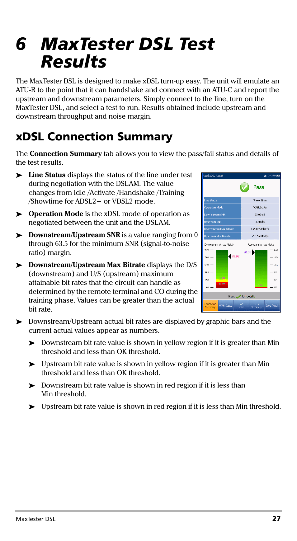 6 maxtester dsl test results, Xdsl connection summary | EXFO MaxTester DSL User Manual | Page 33 / 58