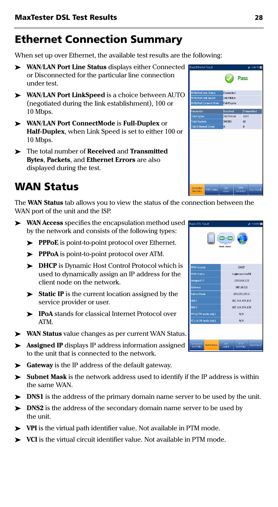 Ethernet connection summary, Wan status, Ethernet connection summary wan status | EXFO MaxTester DSL User Manual | Page 34 / 58