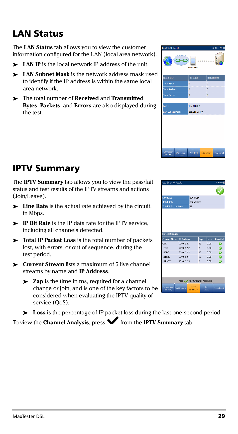 Lan status, Iptv summary, Lan status iptv summary | EXFO MaxTester DSL User Manual | Page 35 / 58