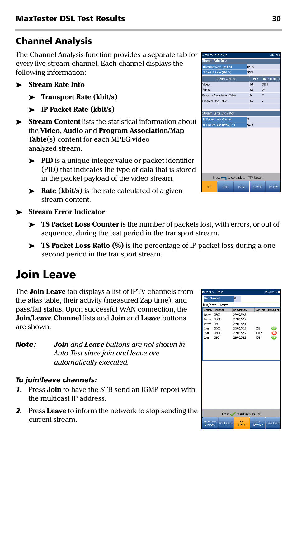 Channel analysis, Join leave | EXFO MaxTester DSL User Manual | Page 36 / 58