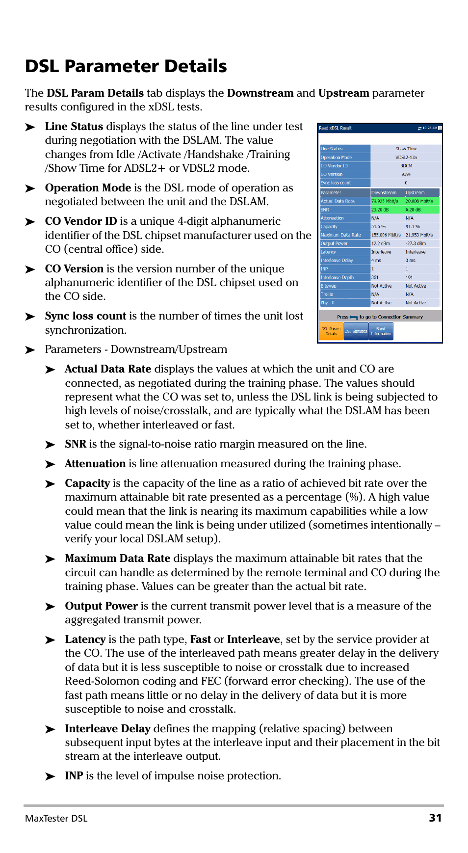 Dsl parameter details | EXFO MaxTester DSL User Manual | Page 37 / 58