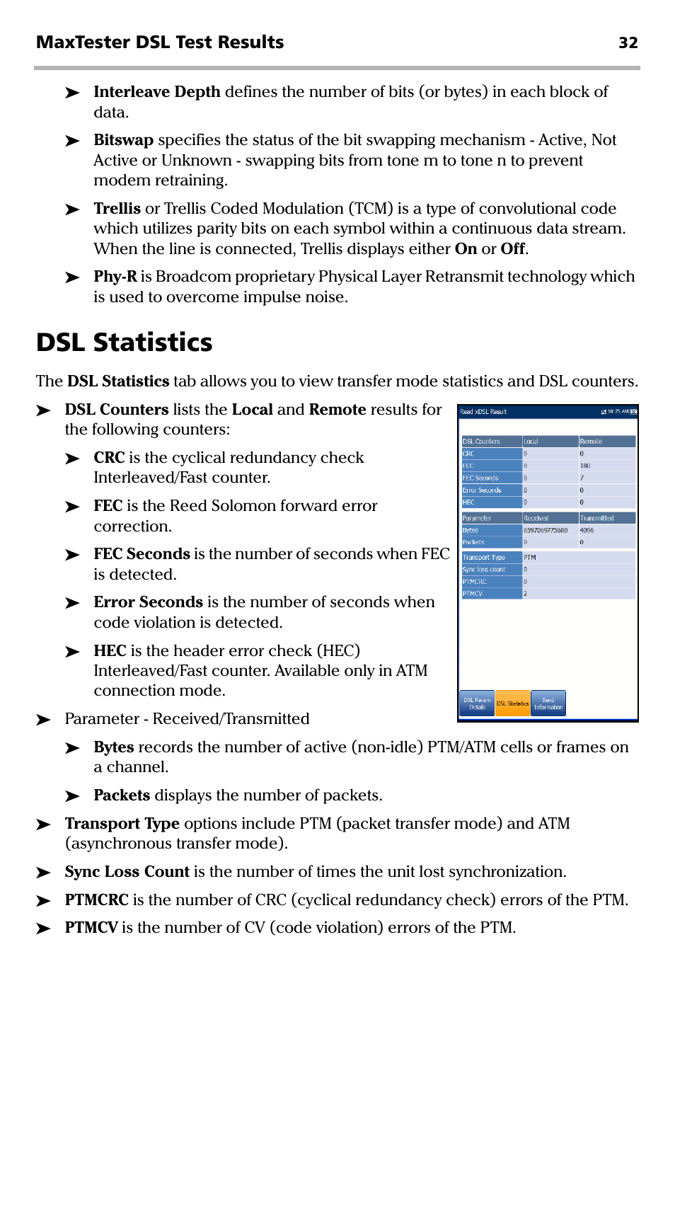 Dsl statistics | EXFO MaxTester DSL User Manual | Page 38 / 58