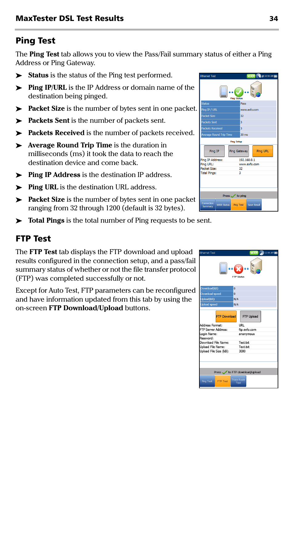 Ping test, Ftp test | EXFO MaxTester DSL User Manual | Page 40 / 58