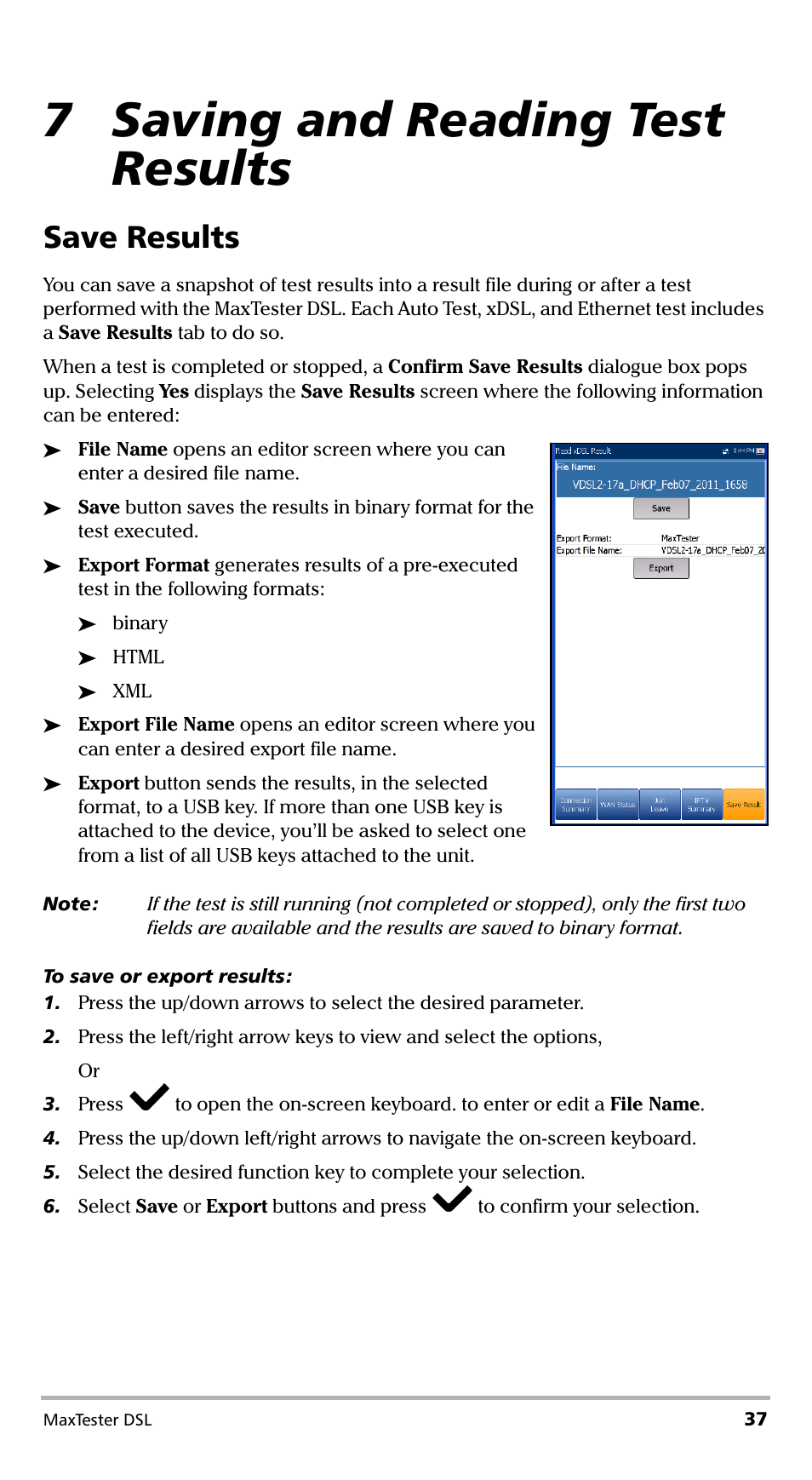 7 saving and reading test results, Save results | EXFO MaxTester DSL User Manual | Page 43 / 58