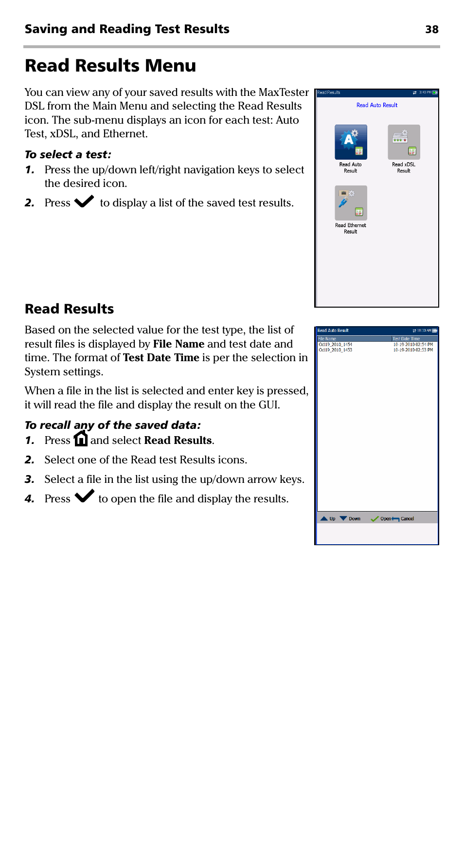 Read results menu, Read results | EXFO MaxTester DSL User Manual | Page 44 / 58