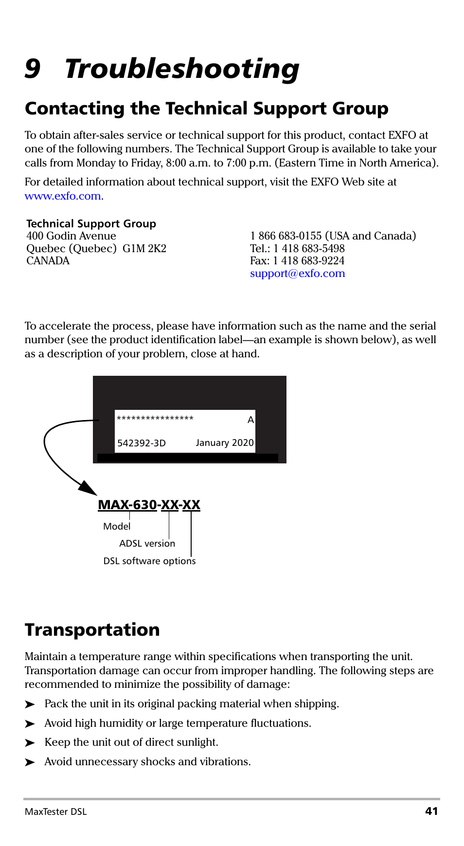 9 troubleshooting, Contacting the technical support group, Transportation | Max-630-xx-xx | EXFO MaxTester DSL User Manual | Page 47 / 58