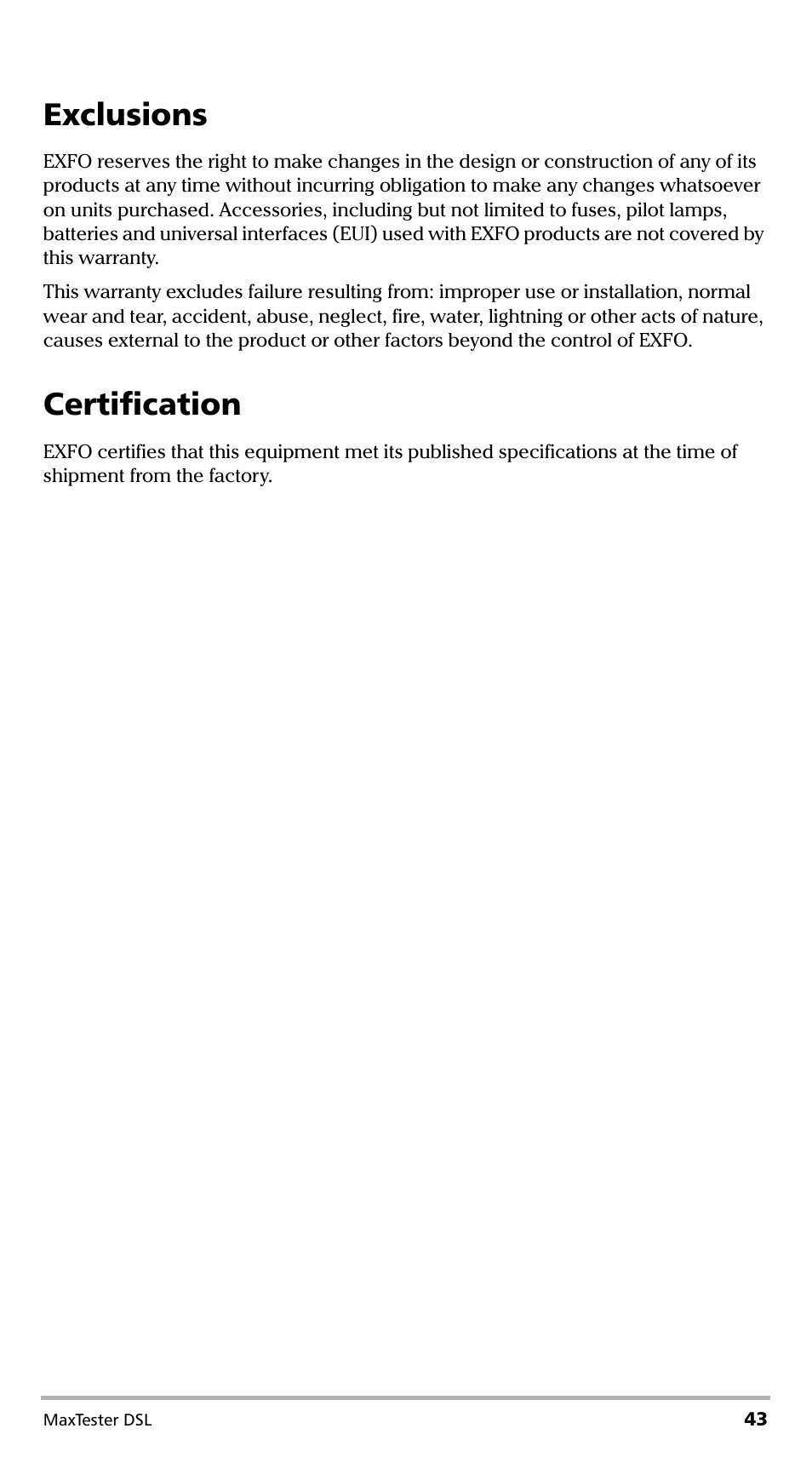 Exclusions, Certification, Exclusions certification | EXFO MaxTester DSL User Manual | Page 49 / 58