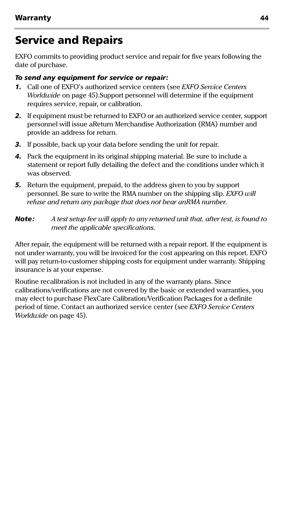 Service and repairs | EXFO MaxTester DSL User Manual | Page 50 / 58