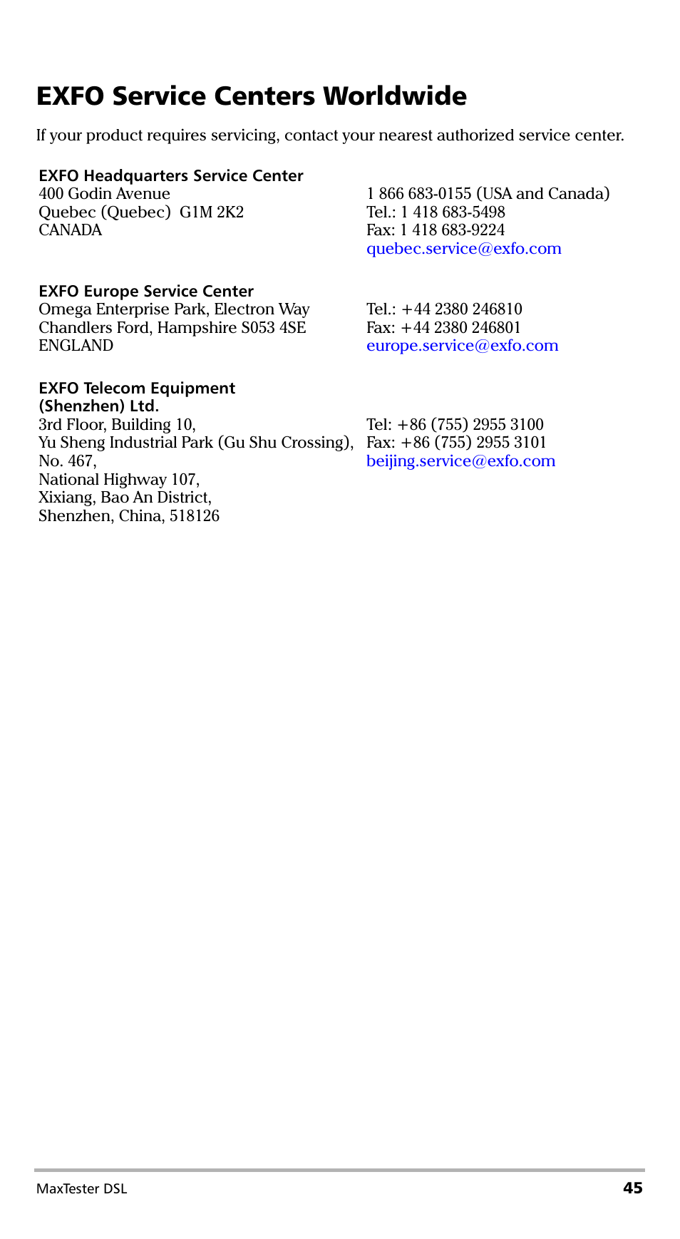 Exfo service centers worldwide | EXFO MaxTester DSL User Manual | Page 51 / 58
