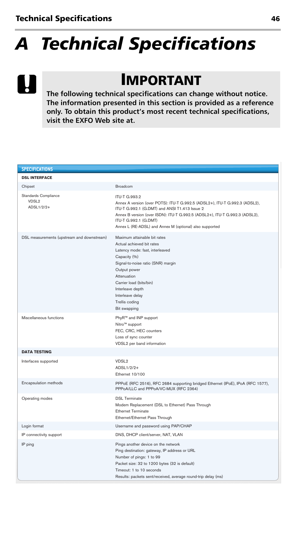 A technical specifications, Mportant, Technical specifications | EXFO MaxTester DSL User Manual | Page 52 / 58