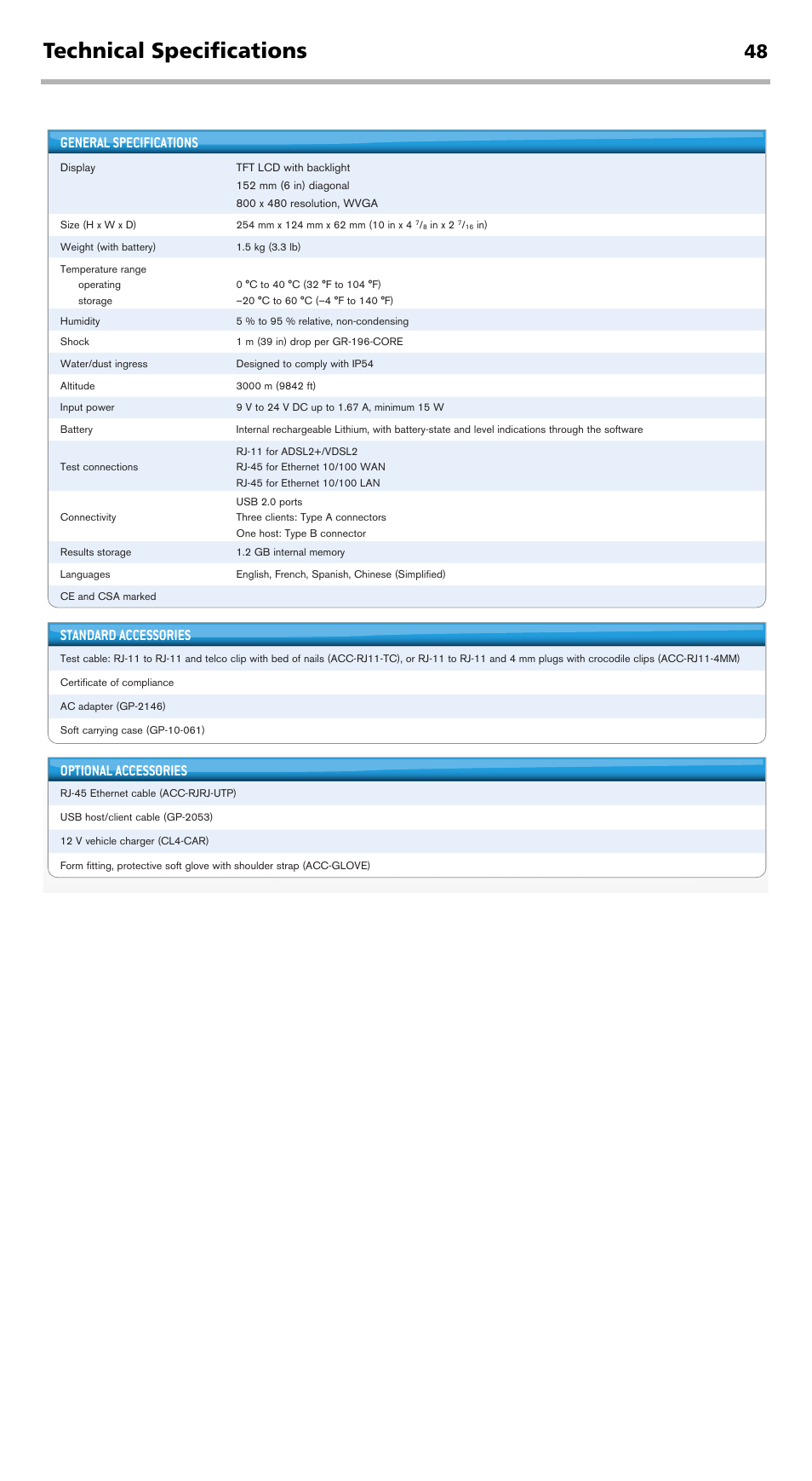 Technical specifications, General specifications, Standard accessories | Optional accessories | EXFO MaxTester DSL User Manual | Page 54 / 58