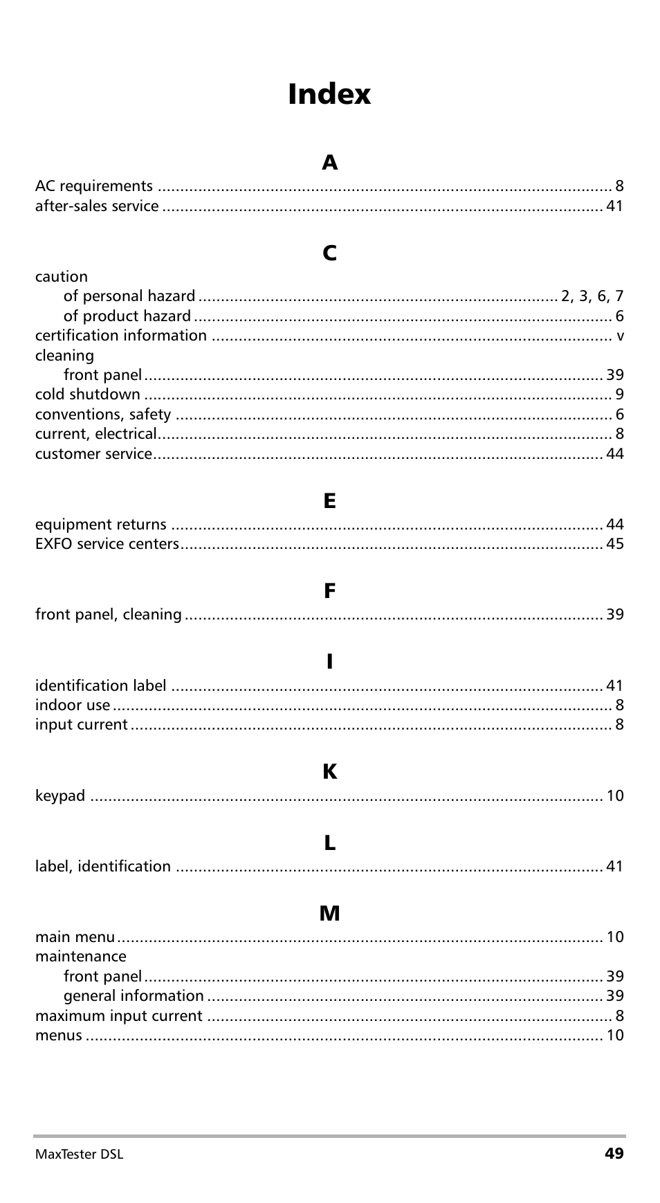 Index | EXFO MaxTester DSL User Manual | Page 55 / 58