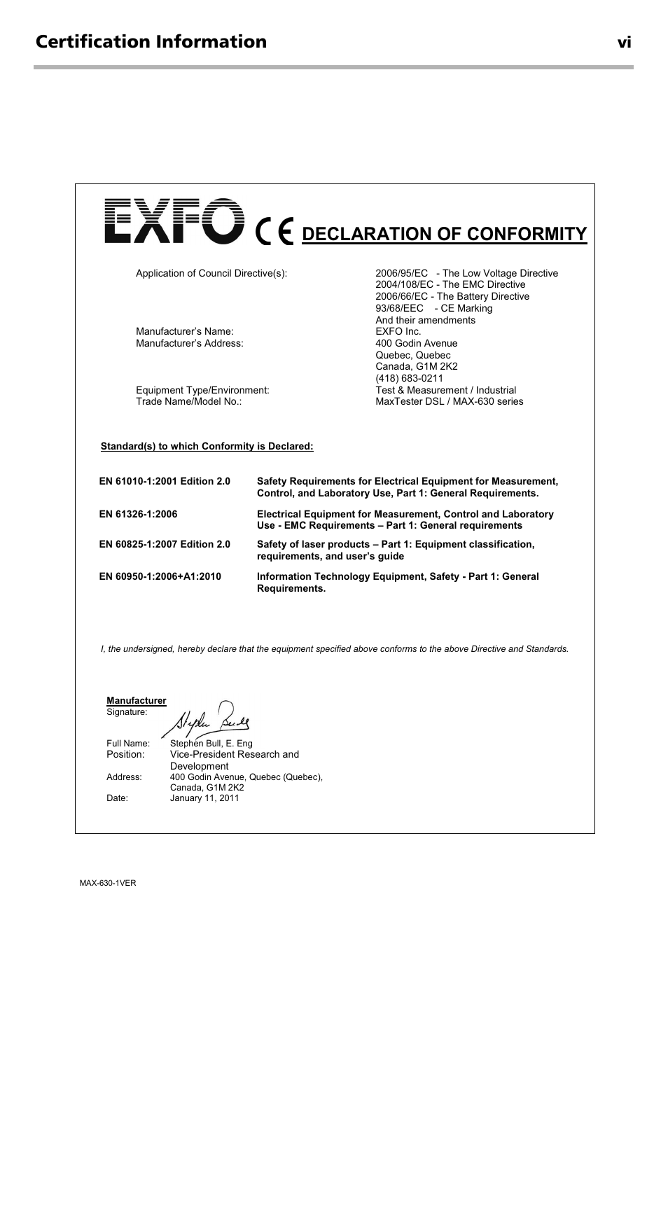 Declaration of conformity, Certification information | EXFO MaxTester DSL User Manual | Page 6 / 58