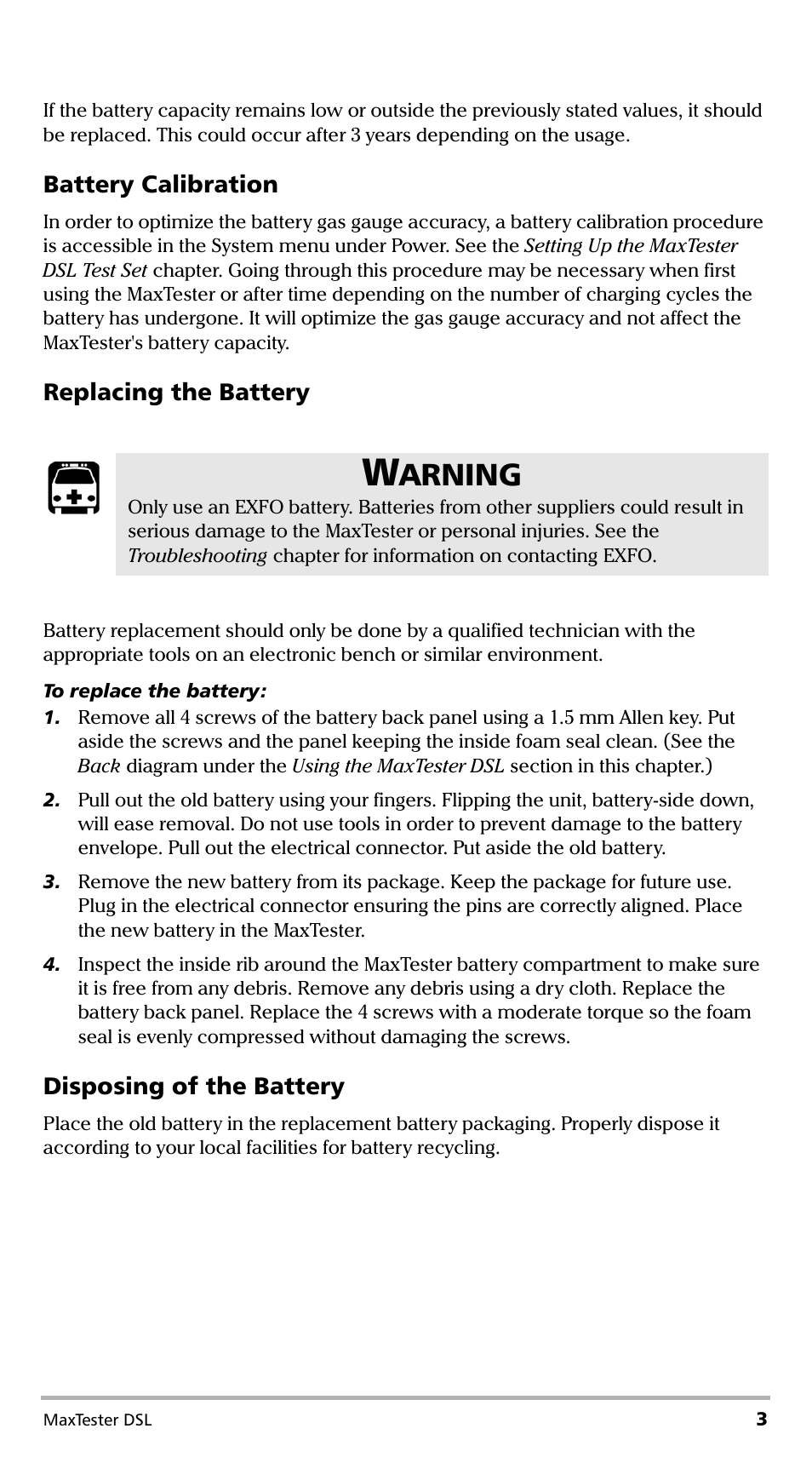 Battery calibration, Replacing the battery, Disposing of the battery | Arning | EXFO MaxTester DSL User Manual | Page 9 / 58