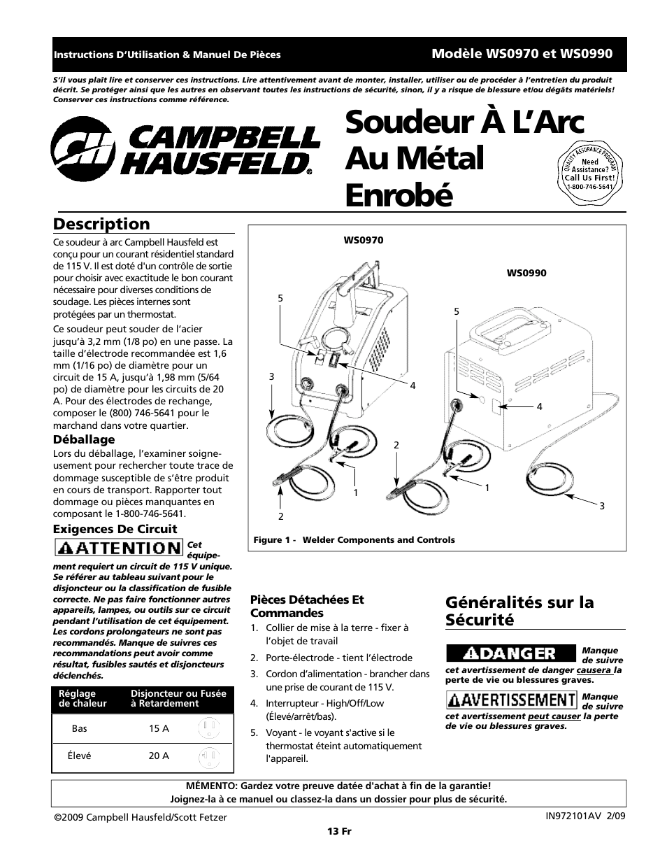 Soudeur à l’ a rc au métal e n ro b é, Description, Généralités sur la sécurité | Campbell Hausfeld WS0990 User Manual | Page 13 / 36
