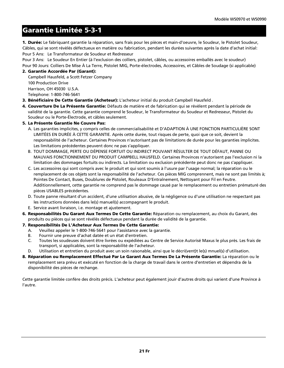 Garantie limitée 5-3-1 | Campbell Hausfeld WS0990 User Manual | Page 21 / 36