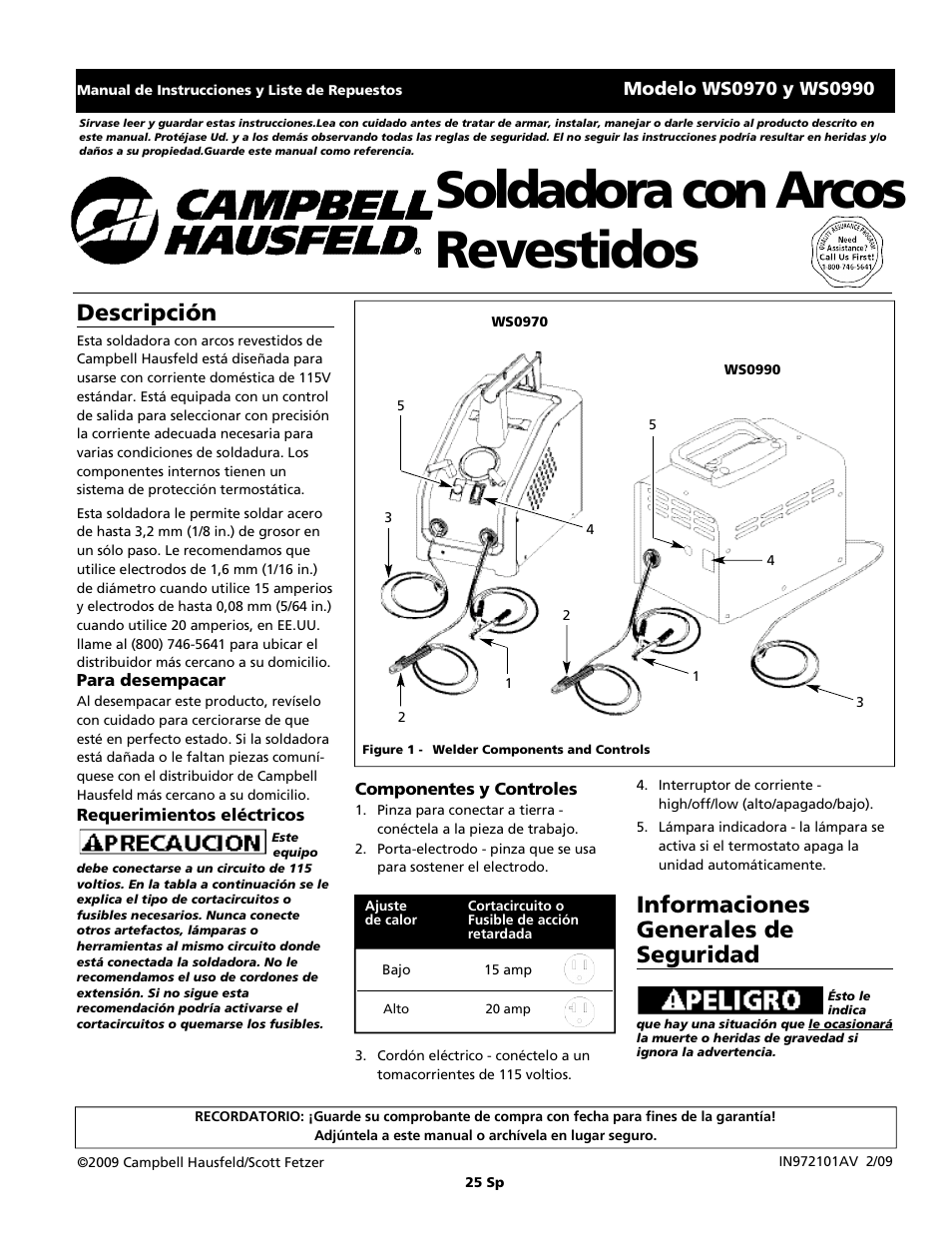 Descripción, Informaciones generales de seguridad | Campbell Hausfeld WS0990 User Manual | Page 25 / 36