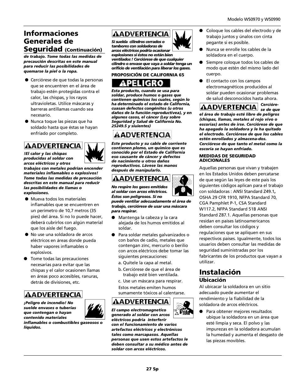 Instalación, Informaciones generales de seguridad | Campbell Hausfeld WS0990 User Manual | Page 27 / 36