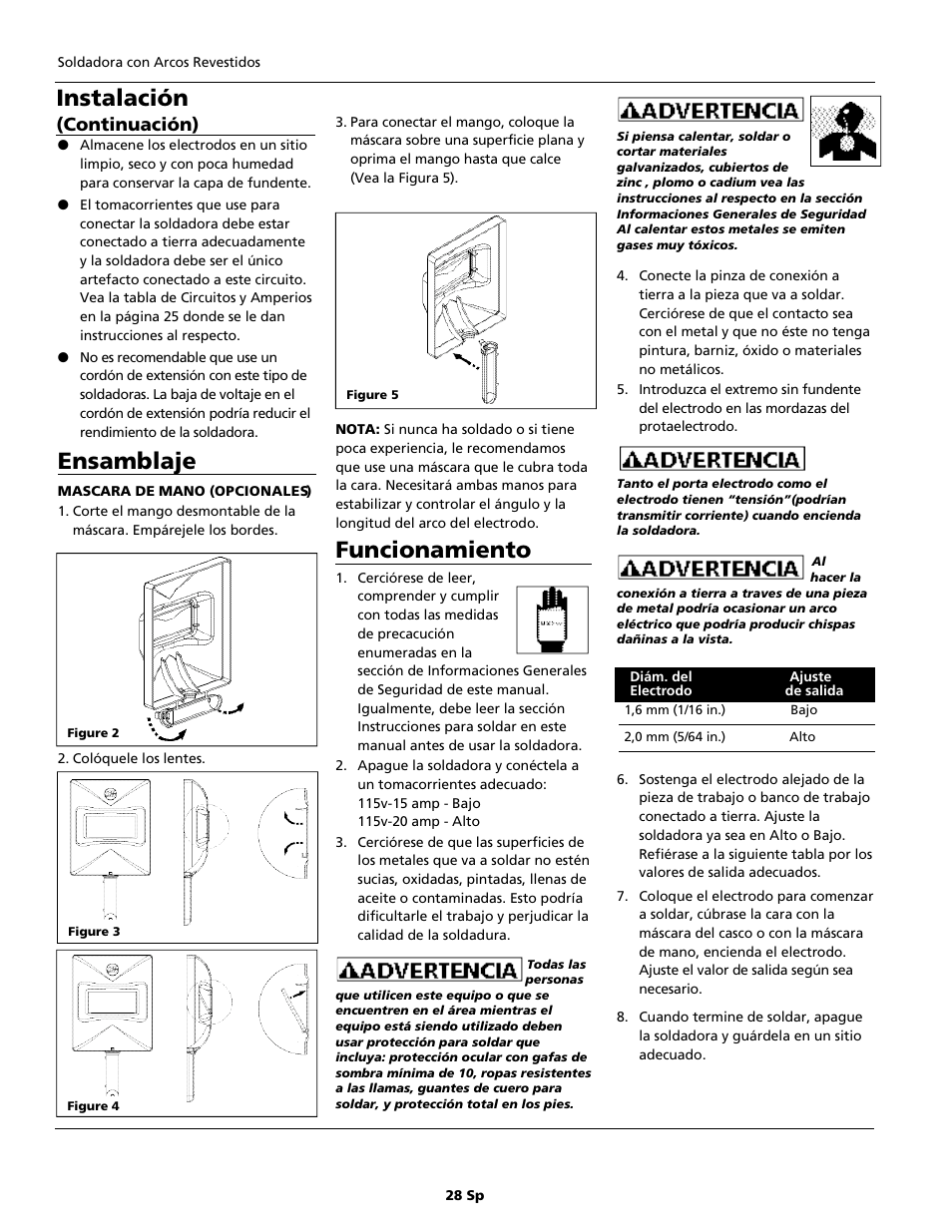 Ensamblaje, Funcionamiento, Instalación | Continuación) | Campbell Hausfeld WS0990 User Manual | Page 28 / 36