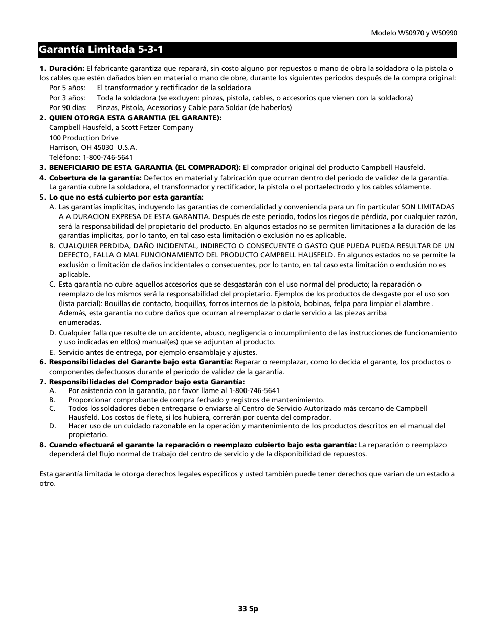 Garantía limitada 5-3-1 | Campbell Hausfeld WS0990 User Manual | Page 33 / 36