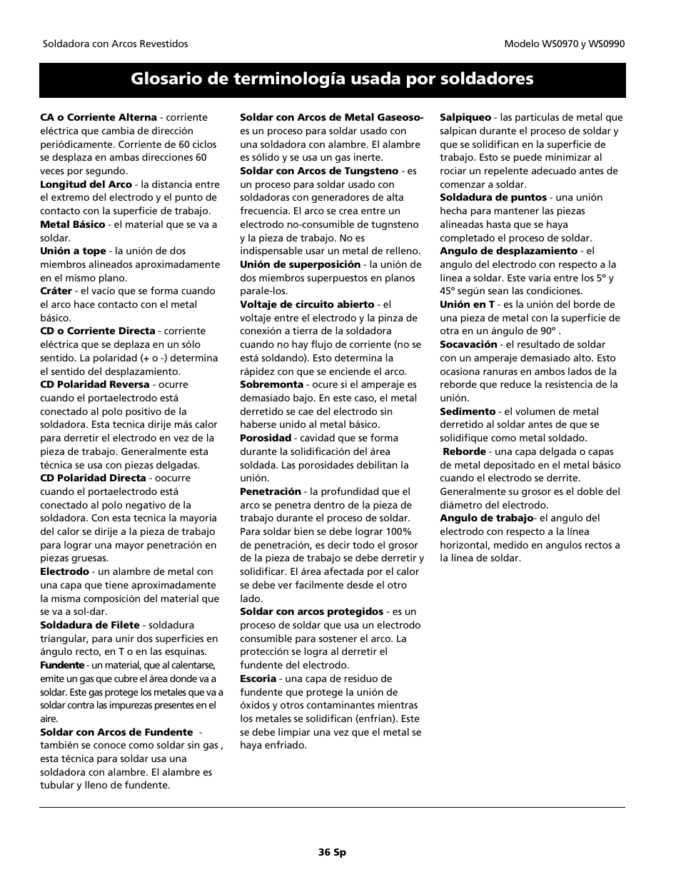 Glosario de terminología usada por soldadore s | Campbell Hausfeld WS0990 User Manual | Page 36 / 36