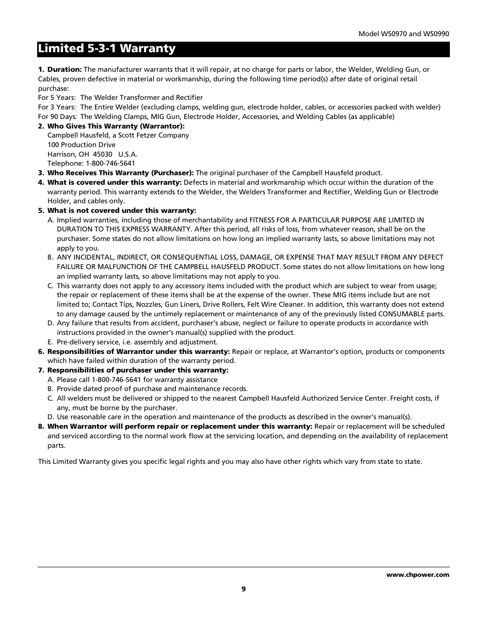 Campbell Hausfeld WS0990 User Manual | Page 9 / 36