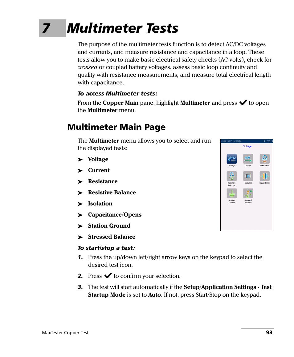 7 multimeter tests, 7multimeter tests, Multimeter main page | EXFO MaxTester MAX-610 User Manual | Page 101 / 281