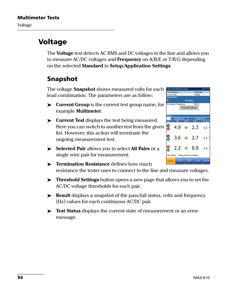 Voltage, Snapshot | EXFO MaxTester MAX-610 User Manual | Page 102 / 281