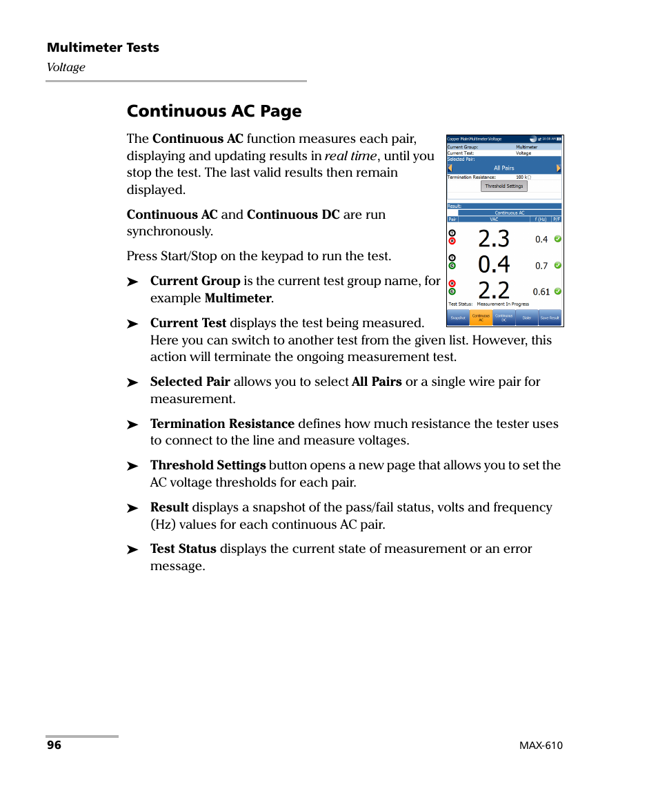 Continuous ac page | EXFO MaxTester MAX-610 User Manual | Page 104 / 281