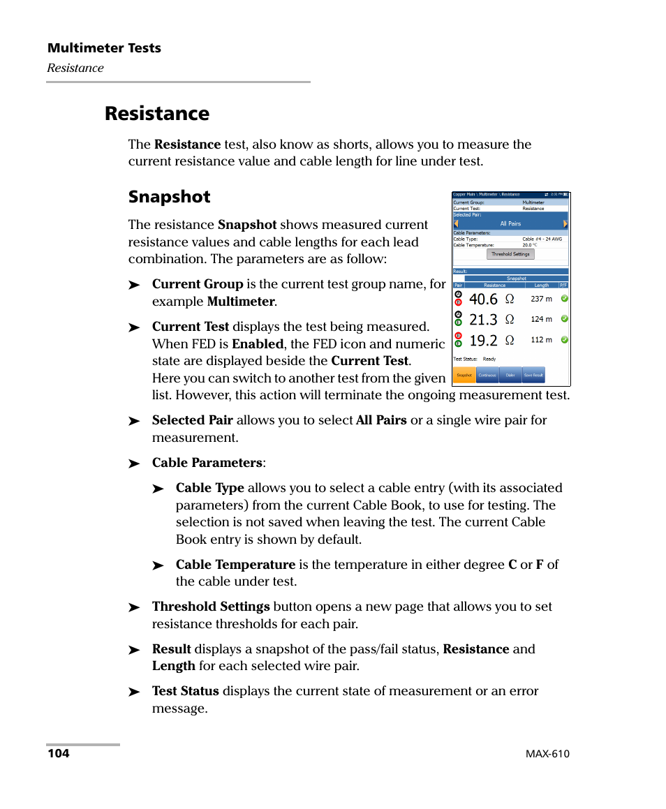 Resistance, Snapshot | EXFO MaxTester MAX-610 User Manual | Page 112 / 281