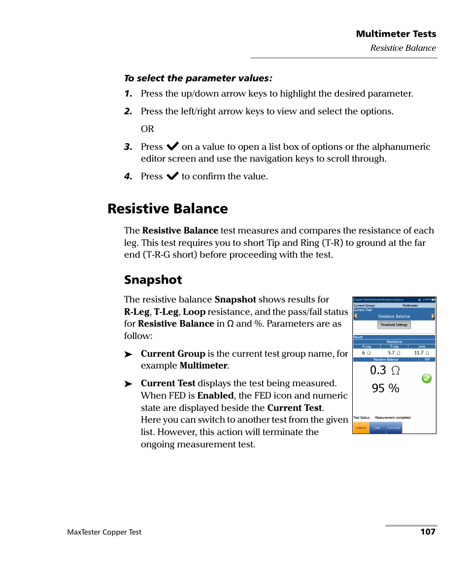 Resistive balance, Snapshot | EXFO MaxTester MAX-610 User Manual | Page 115 / 281