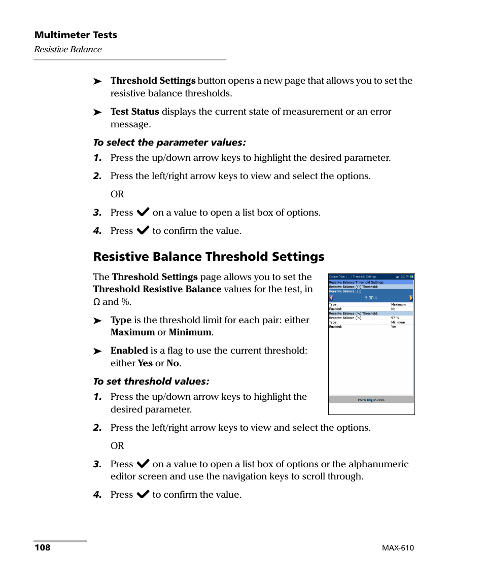 Resistive balance threshold settings | EXFO MaxTester MAX-610 User Manual | Page 116 / 281