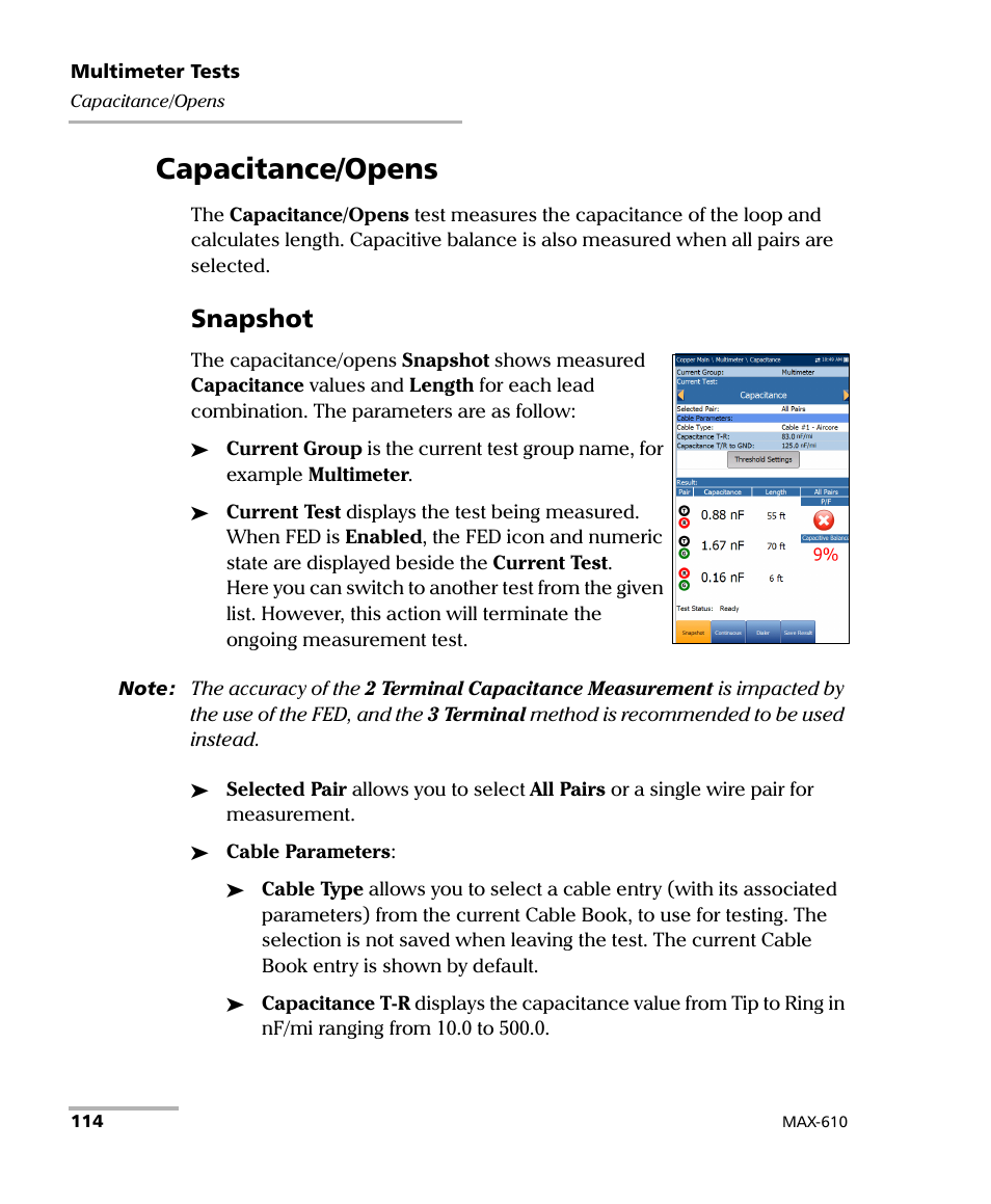Capacitance/opens, Snapshot | EXFO MaxTester MAX-610 User Manual | Page 122 / 281