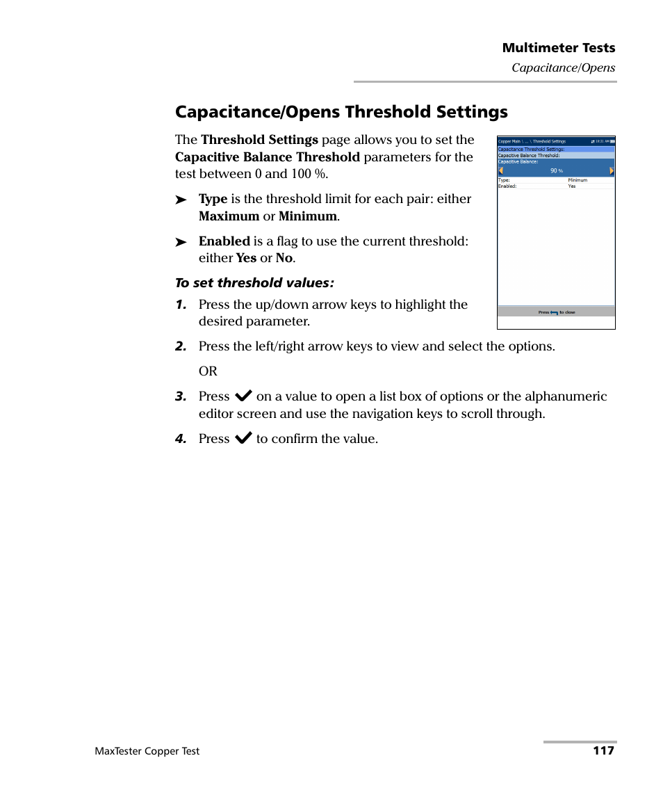 Capacitance/opens threshold settings | EXFO MaxTester MAX-610 User Manual | Page 125 / 281