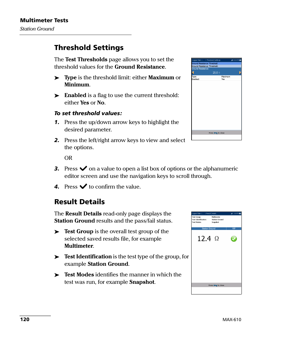 Threshold settings, Result details | EXFO MaxTester MAX-610 User Manual | Page 128 / 281