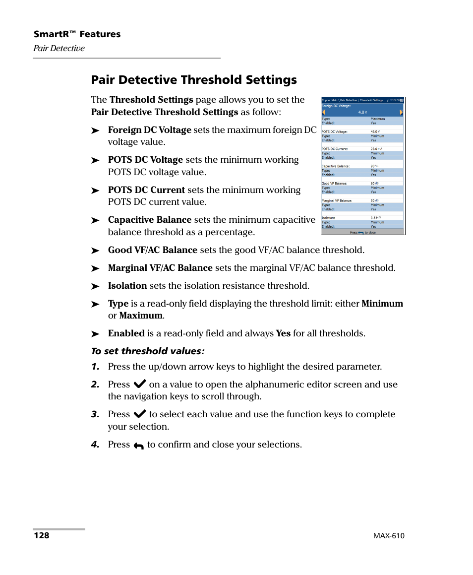 Pair detective threshold settings | EXFO MaxTester MAX-610 User Manual | Page 136 / 281