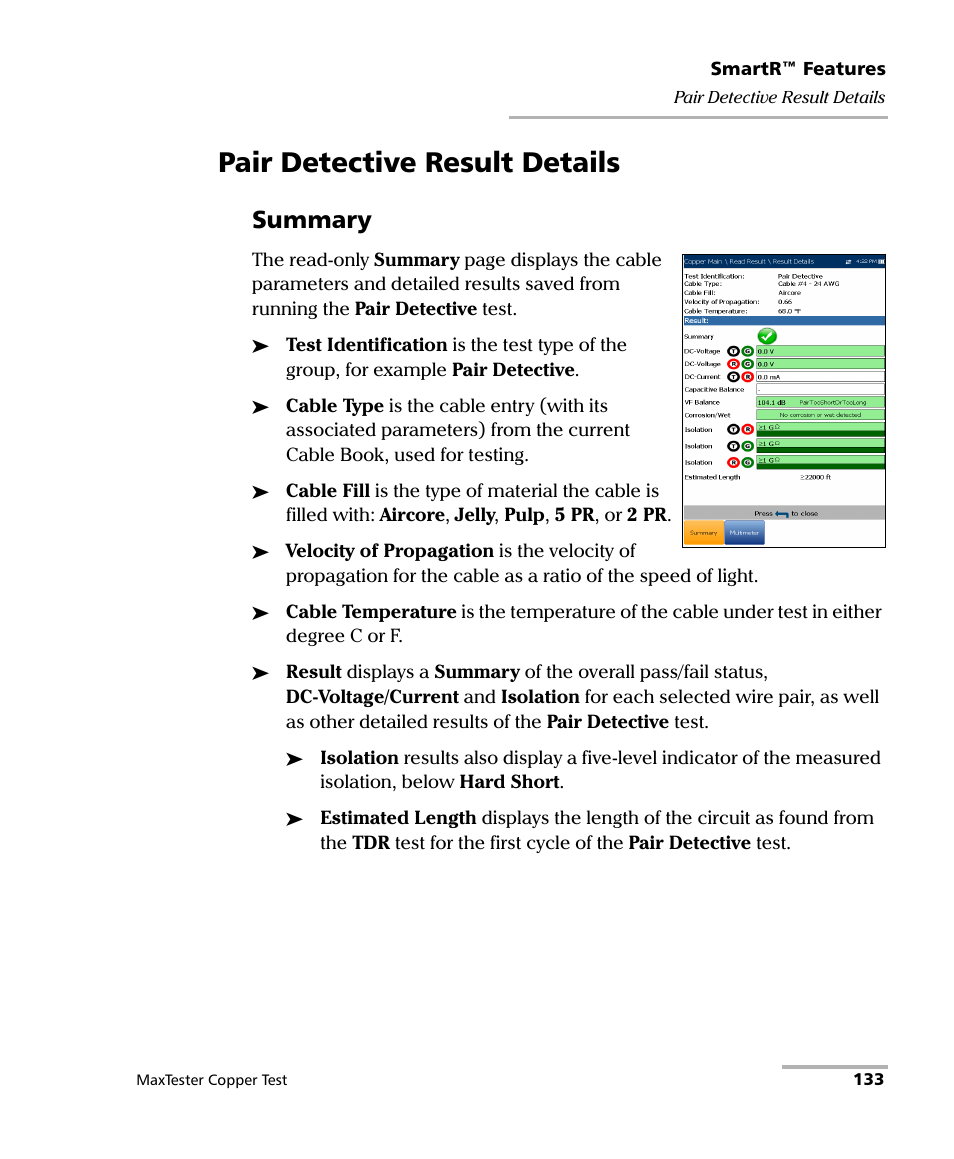 Pair detective result details, Summary | EXFO MaxTester MAX-610 User Manual | Page 141 / 281