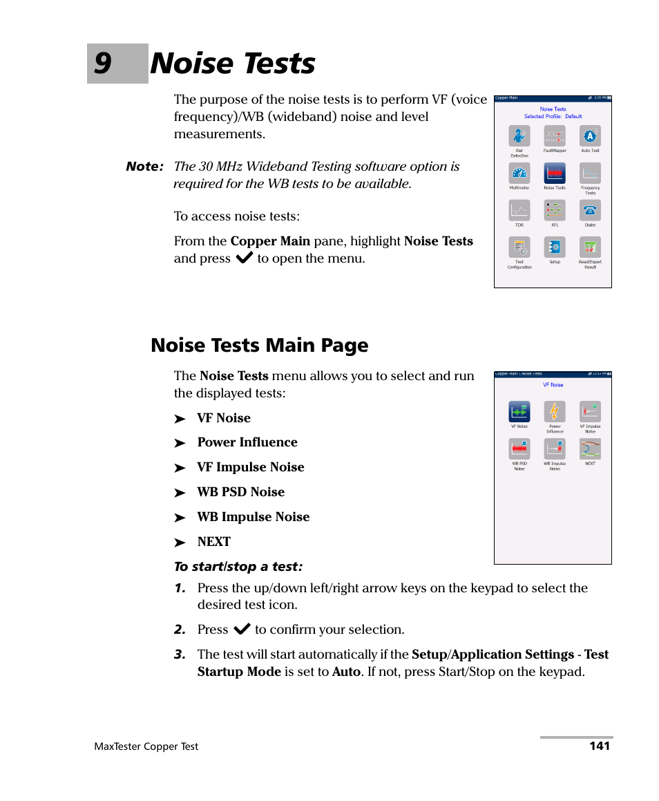 9 noise tests, 9noise tests, Noise tests main page | EXFO MaxTester MAX-610 User Manual | Page 149 / 281