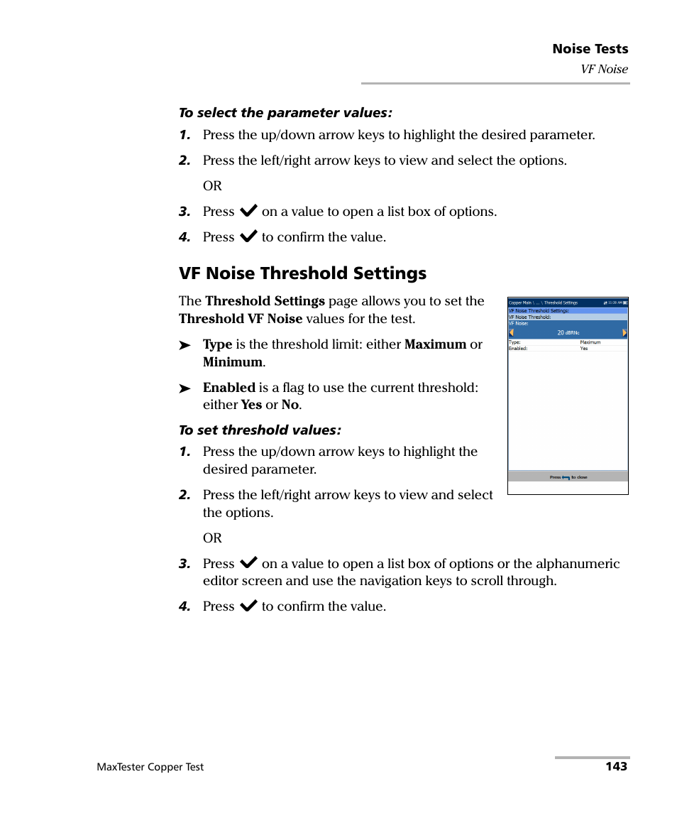 Vf noise threshold settings | EXFO MaxTester MAX-610 User Manual | Page 151 / 281