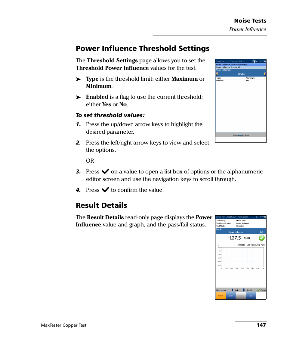 Power influence threshold settings, Result details | EXFO MaxTester MAX-610 User Manual | Page 155 / 281