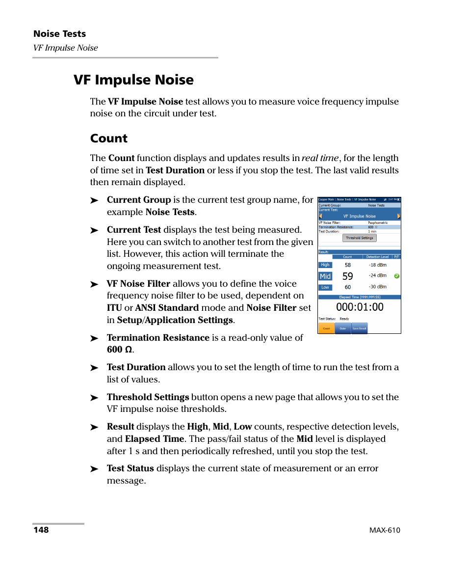 Vf impulse noise, Count | EXFO MaxTester MAX-610 User Manual | Page 156 / 281