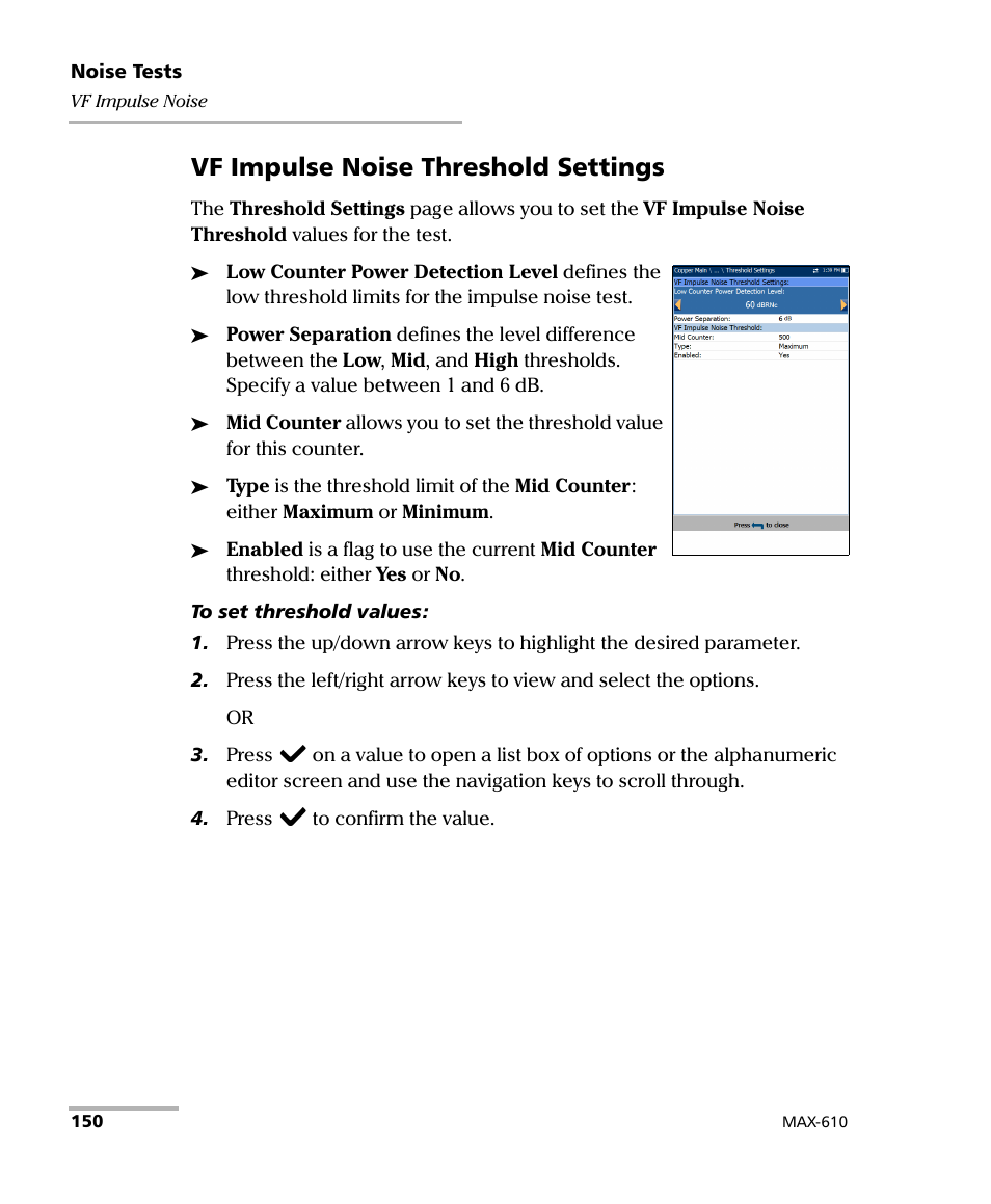 Vf impulse noise threshold settings | EXFO MaxTester MAX-610 User Manual | Page 158 / 281