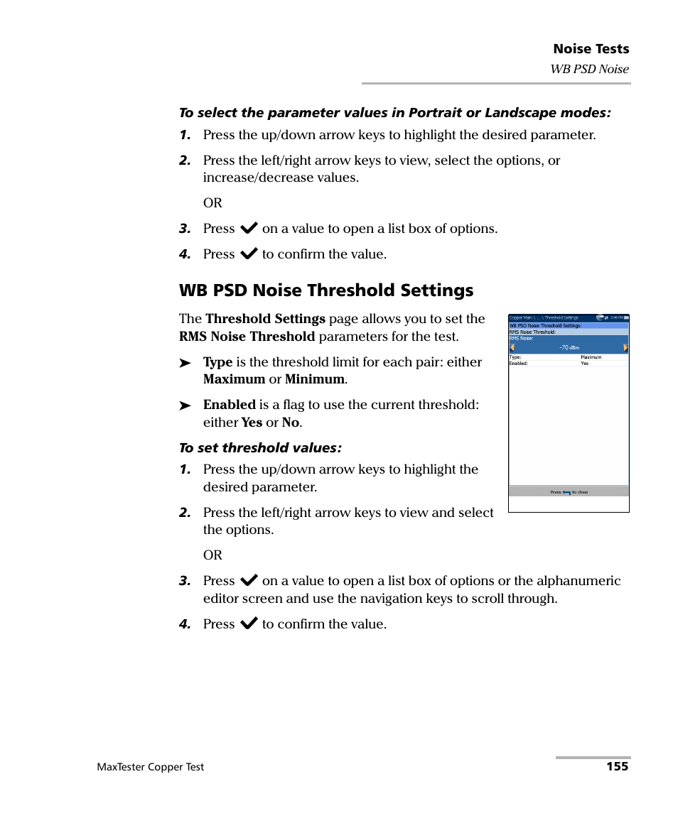 Wb psd noise threshold settings | EXFO MaxTester MAX-610 User Manual | Page 163 / 281
