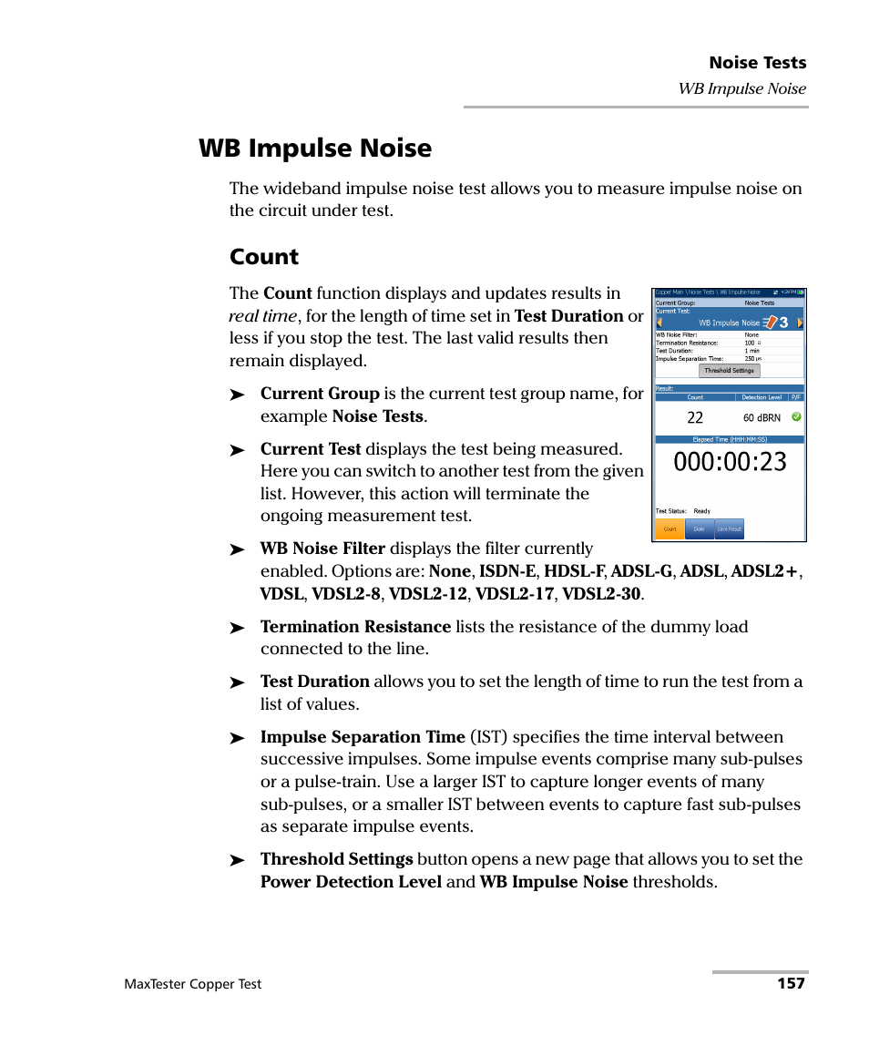 Wb impulse noise, Count | EXFO MaxTester MAX-610 User Manual | Page 165 / 281