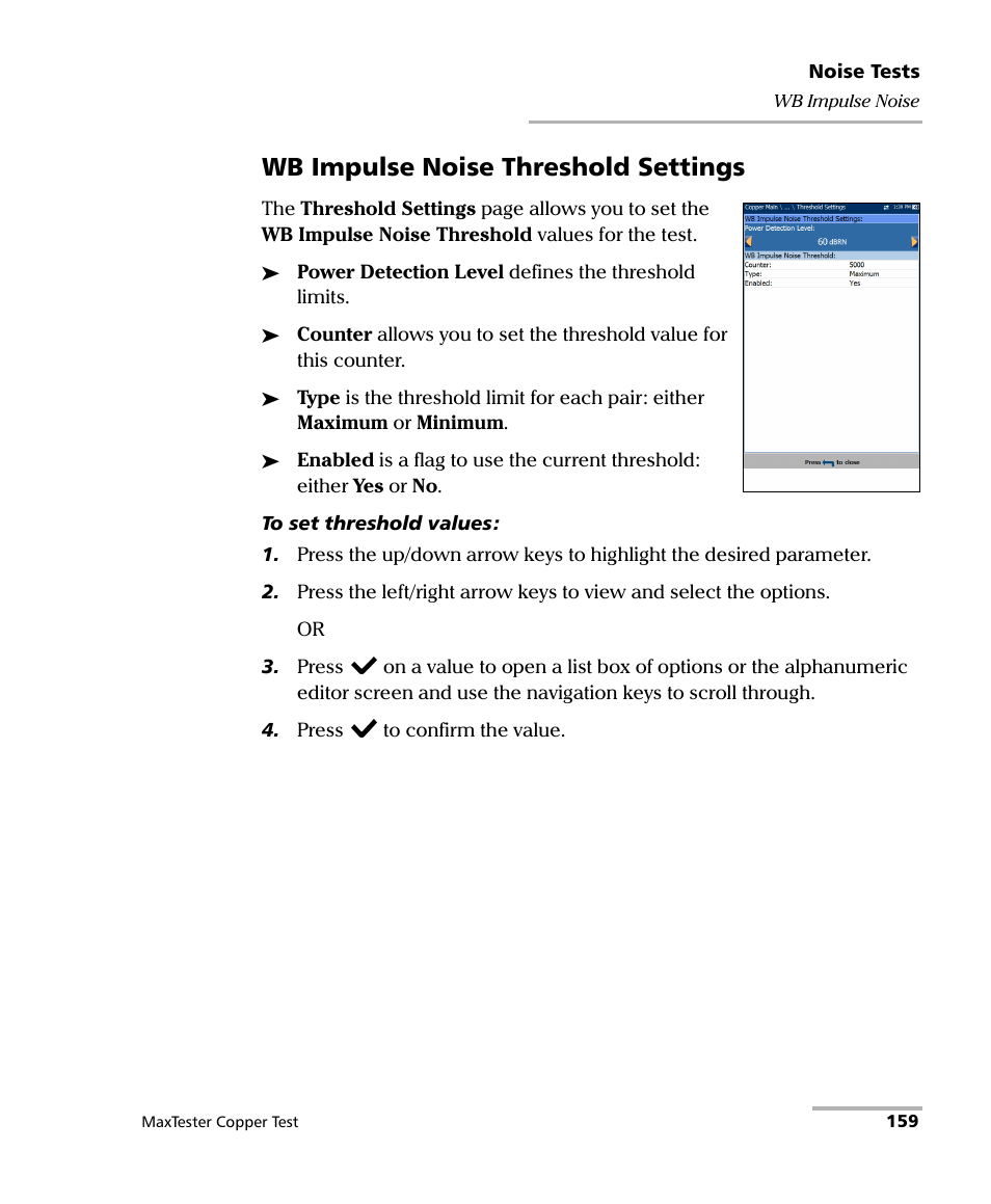 Wb impulse noise threshold settings | EXFO MaxTester MAX-610 User Manual | Page 167 / 281