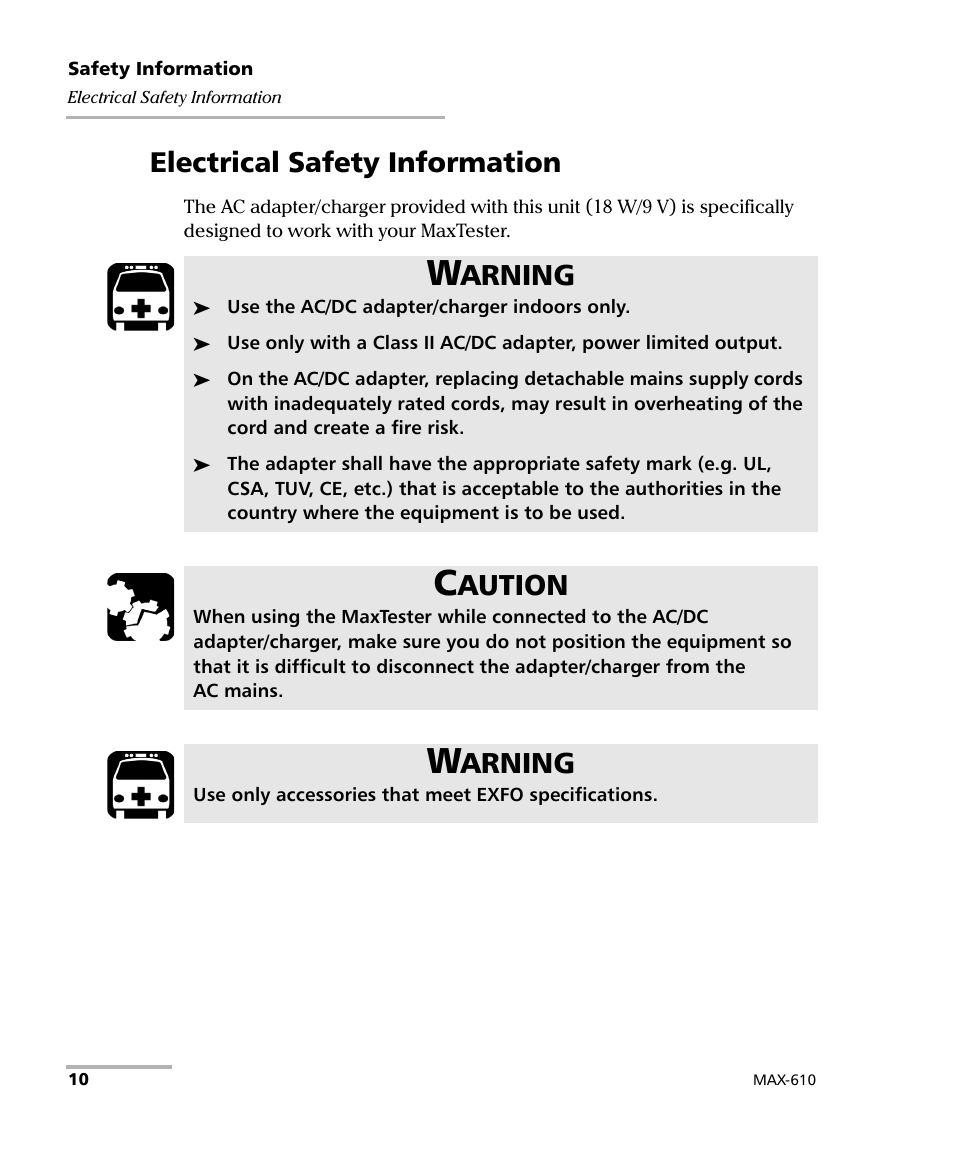 Electrical safety information, Arning, Aution | EXFO MaxTester MAX-610 User Manual | Page 18 / 281