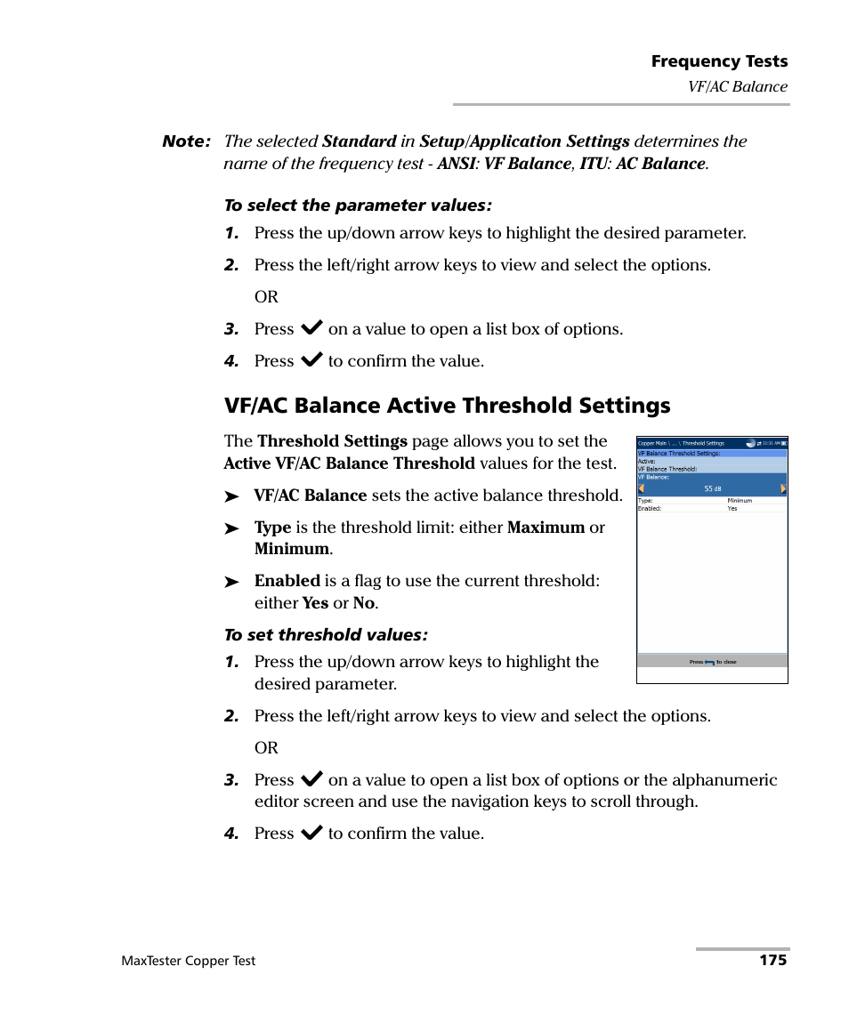 Vf/ac balance active threshold settings | EXFO MaxTester MAX-610 User Manual | Page 183 / 281