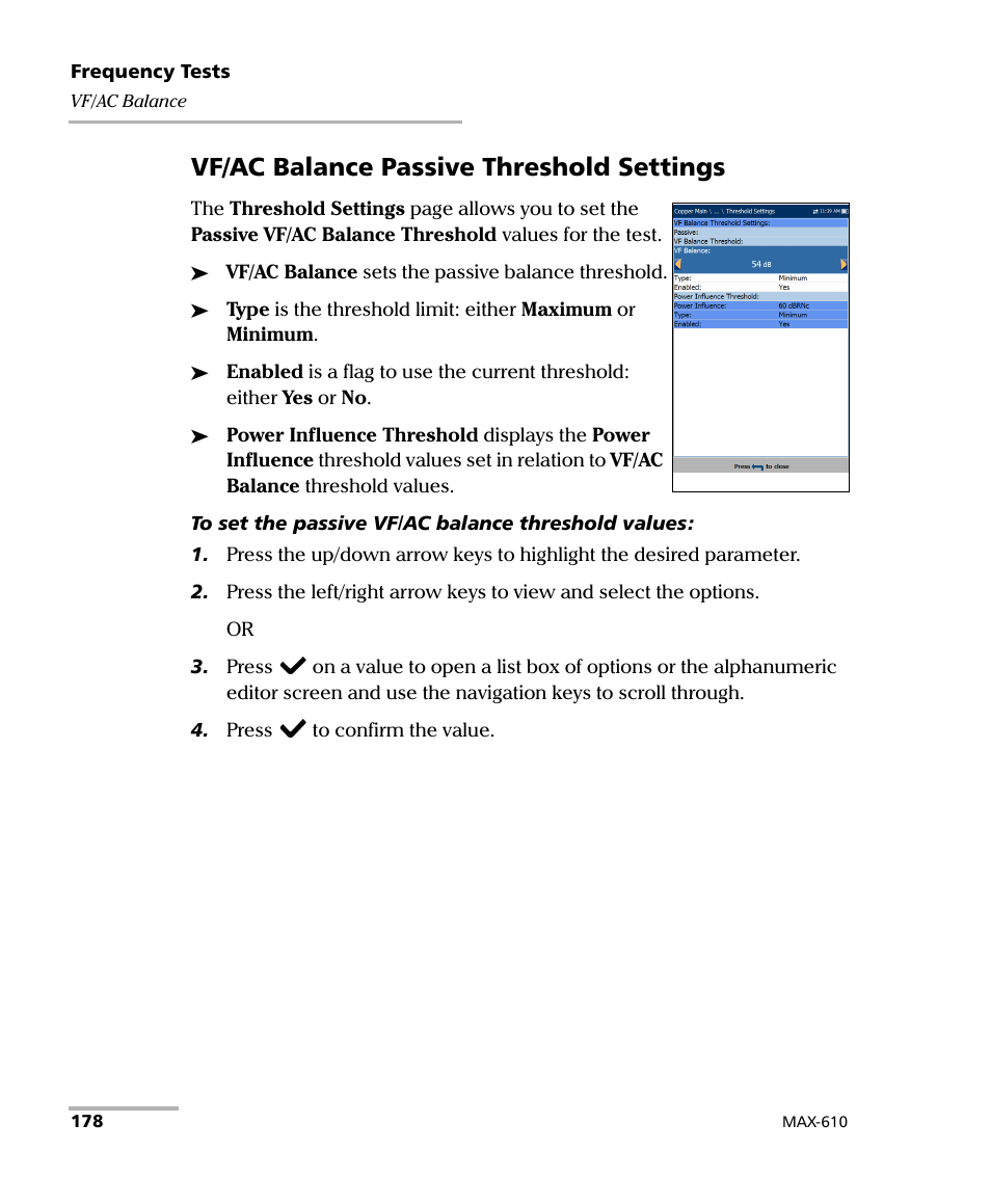 Vf/ac balance passive threshold settings | EXFO MaxTester MAX-610 User Manual | Page 186 / 281