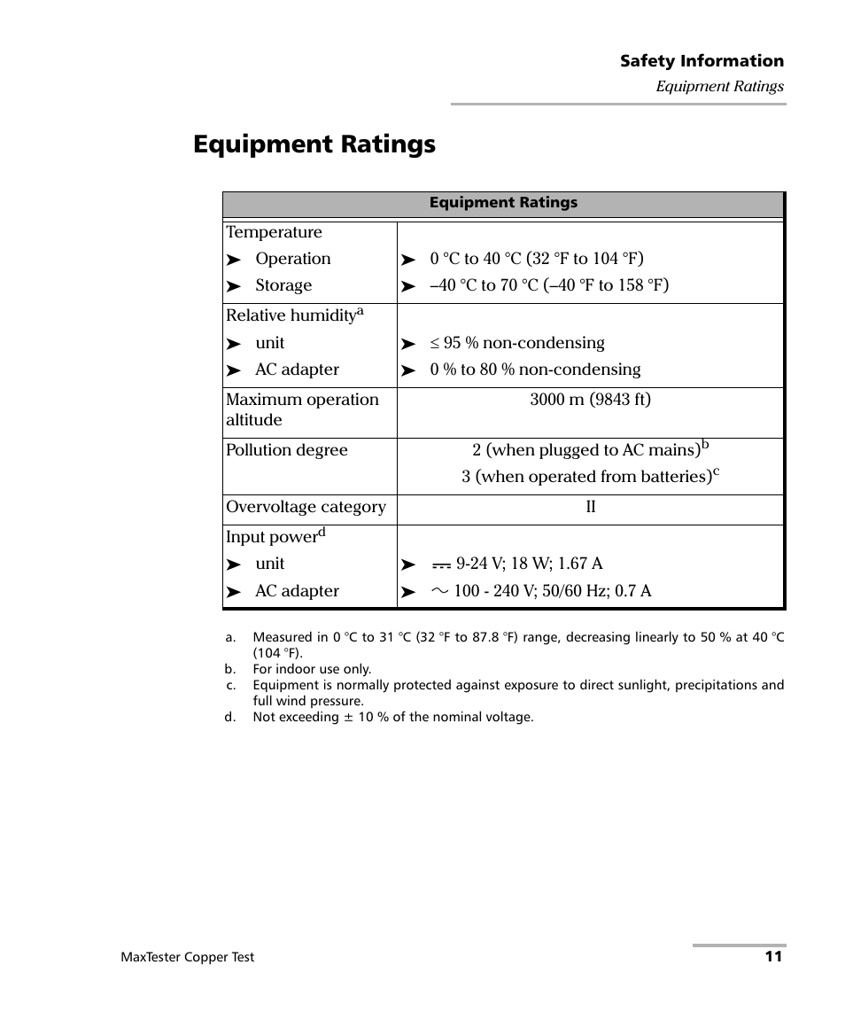 Equipment ratings | EXFO MaxTester MAX-610 User Manual | Page 19 / 281